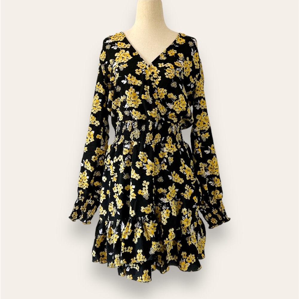 EUC Michael Kors Long Sleeve Faux Wrap Ruffled Floral Blouson Dress